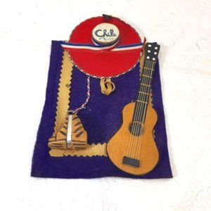 VTG Chile Hanging Table Souvenir Hat Guitar Boots w/Spurs on Felt  4.25"x6.5"